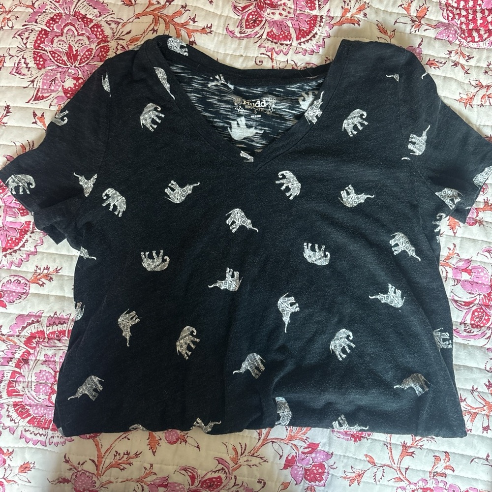 Mudd Black V-Neck T-Shirt with Elephant Pattern